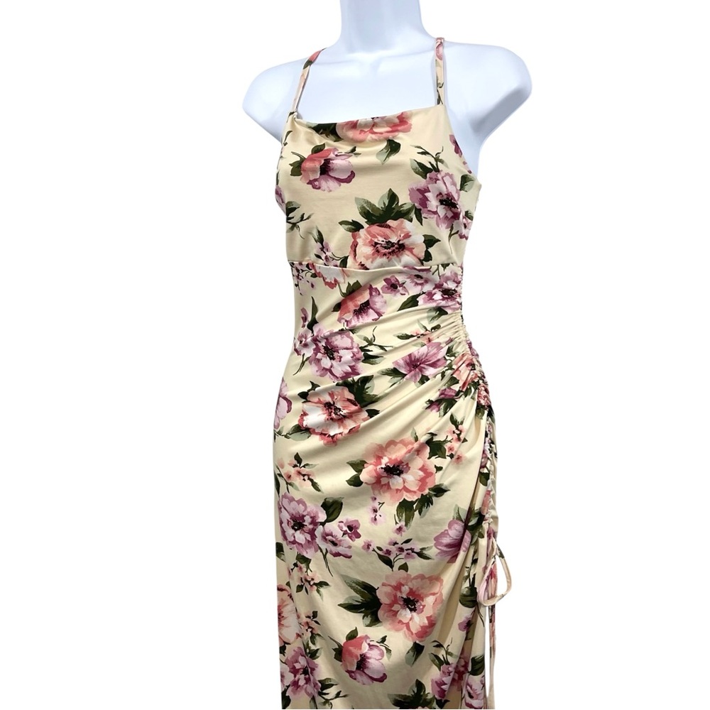 Floral Ruched Maxi Dress in Cream and Pink Flowers - Picture 3 of 12
